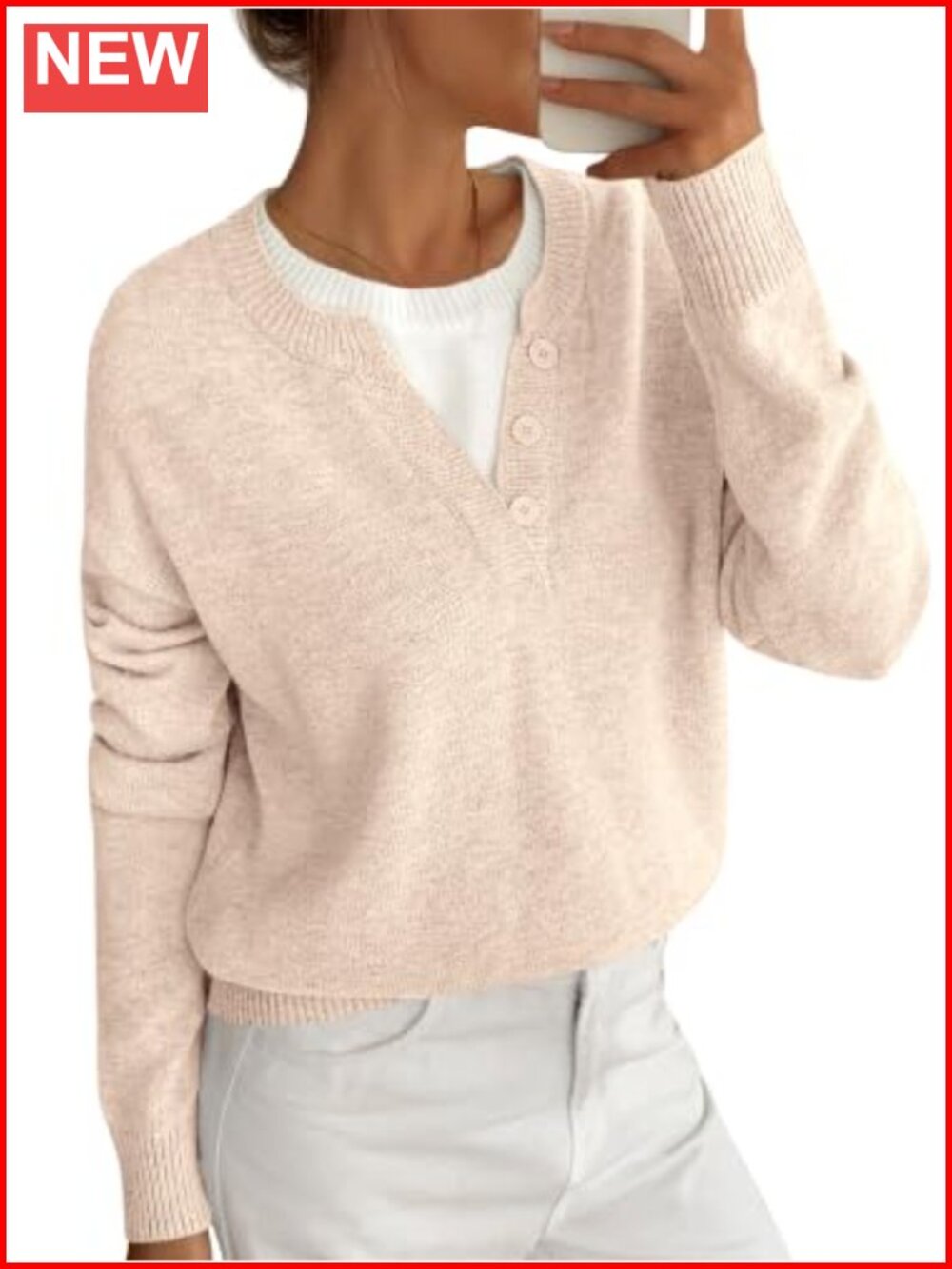 Women's Long Sleeve Crew Neck Knit Pullover Sweater with Drop Shoulder Buttons